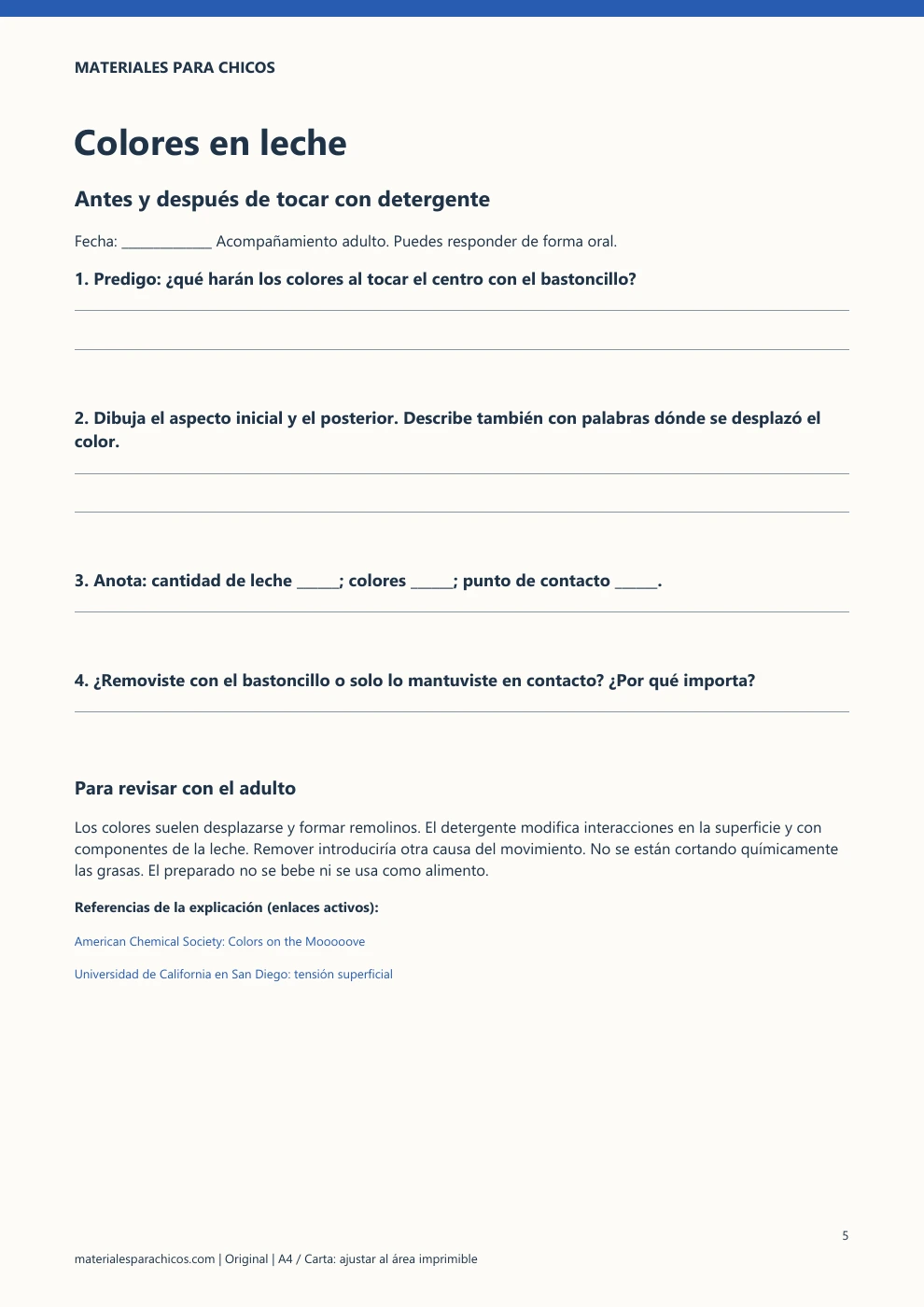 Página 5 del cuaderno: Antes y después de tocar con detergente. Consignas y revisión disponibles como texto en el artículo.