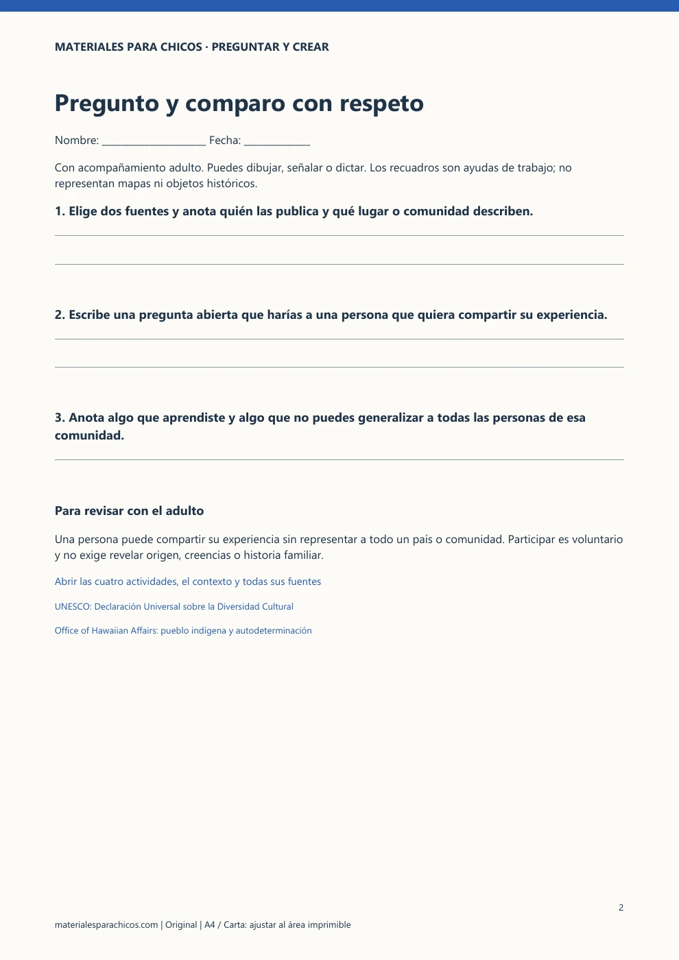 Página 2: Pregunto y comparo con respeto. Consignas y revisión transcritas en el artículo.